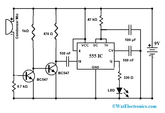 Clap On Clap Off Switch Circuit Diagram using 555 timer IC