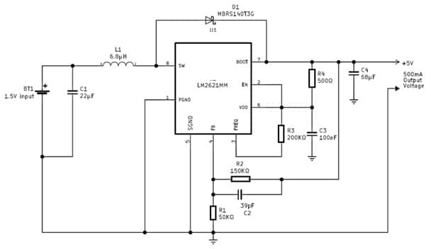 1.5 Volts to 5 Volts Converter Circuit with LM2621 IC
