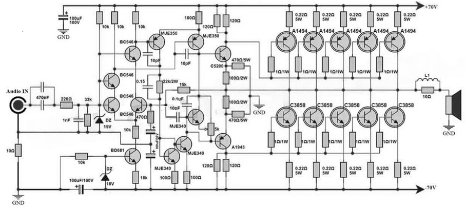 1000Watts Amplifier Circuit Diagram with BC546 Transistor