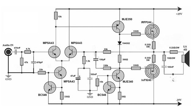 100W Power Amplifier Circuit with Transistors