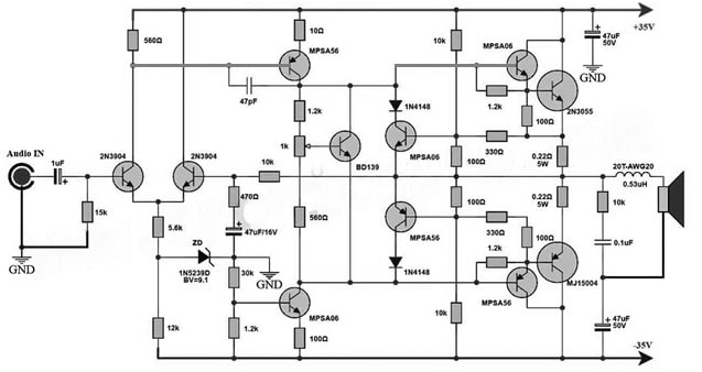 100Watts Audio Amplifier Circuit with Transistors