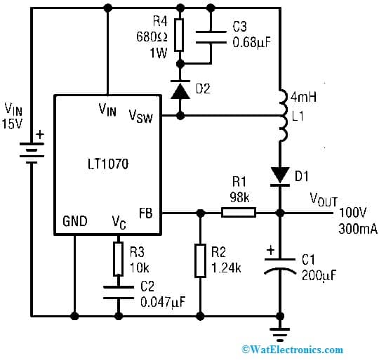 15Volts to 100Volts Converter Circuit with LT1070 IC