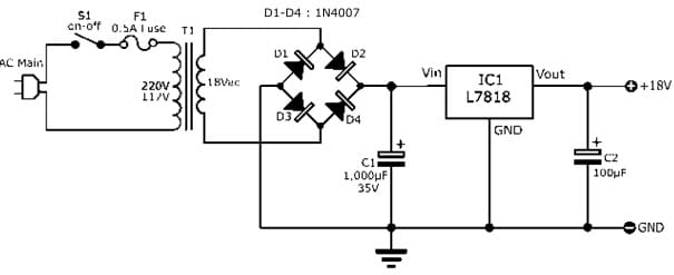 18Volts DC Power Supply Circuit with LM7818 IC