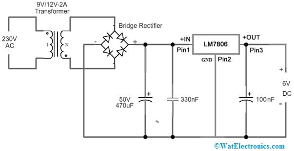 220V AC to 6V DC Converter Circuit with LM7806 IC