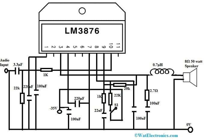 50 Watts Audio Amplifier Circuit with LM3876 IC