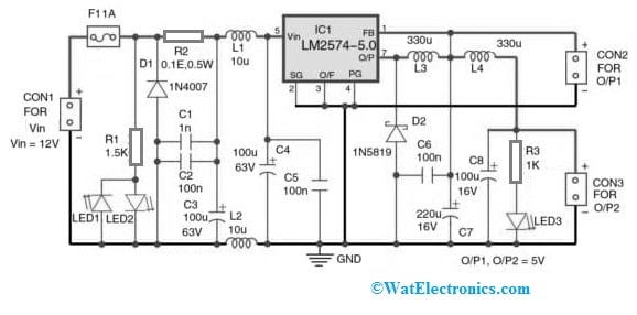 5V Low-Noise DC Converter Circuit with LM2574 IC