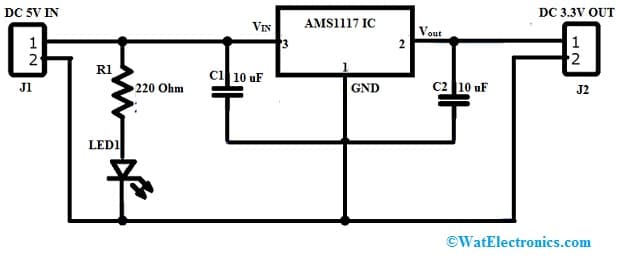 5V to 3.3V AMS117 Voltage Regulator Circuit