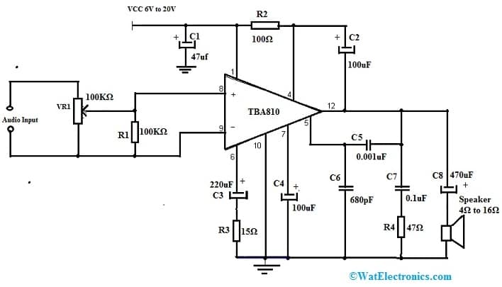 7W Audio Amplifier Circuit using TBA810 IC