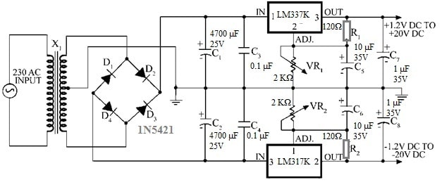Adjustable Bipolar Voltage Regulator Circuit with LM337 IC