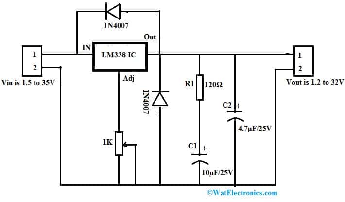 Adjustable Voltage Regulator Circuit with LM338 IC