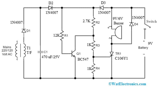 Alarm Circuit for Power Interruption with 1N4007 Diode