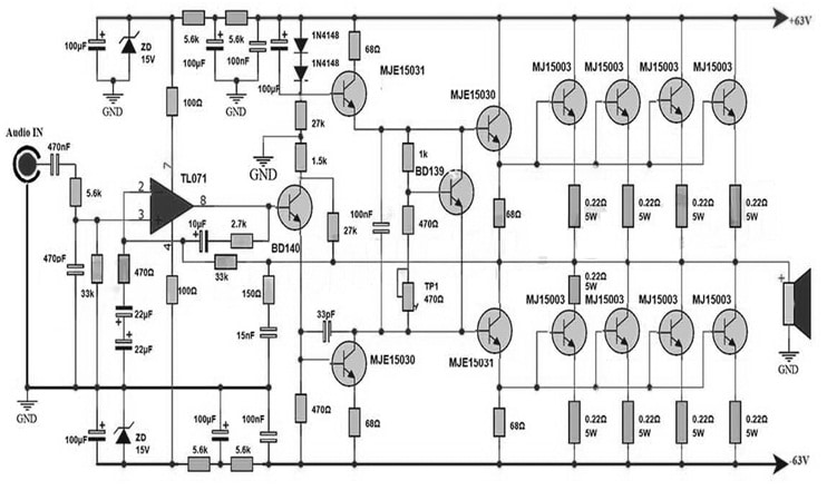 Amplifier Circuit with TL071 IC & MJ15003 Transistor