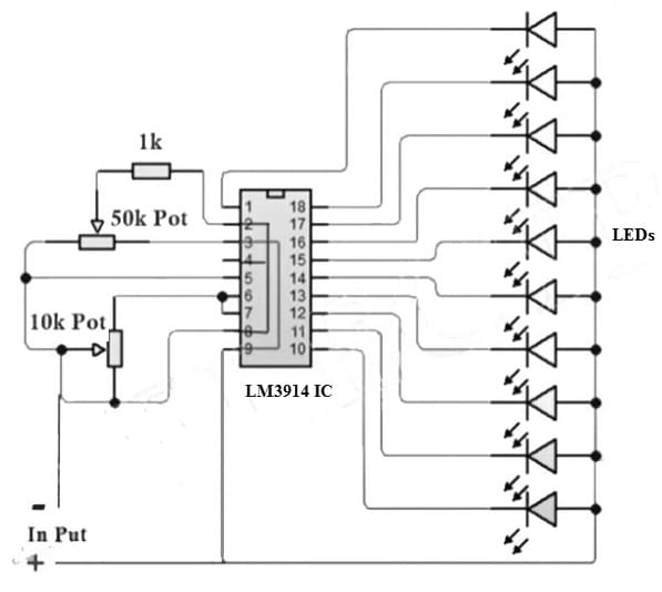 Battery Level Indicator Circuit with LM3914 IC