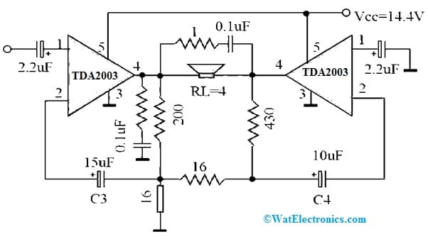 Bridge Amplifier Circuit with TDA2003 IC