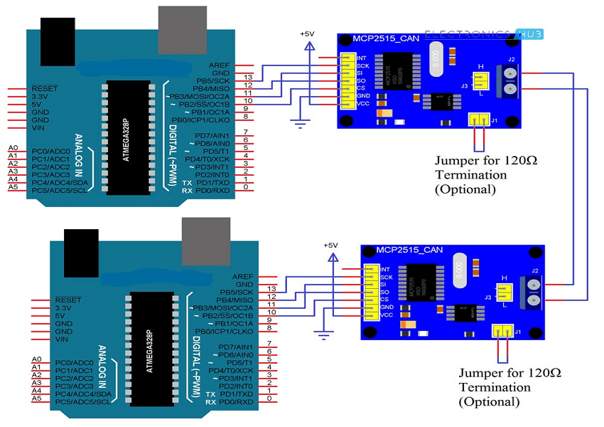 Circuit Showing Connection Between Two MCP2515 Modules