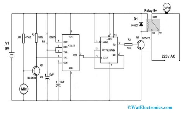 Clap Switch using 74LS74 D Flip Flop