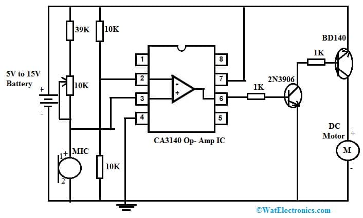 DC Motor Controlled by Sound with CA3140 IC & Transistors