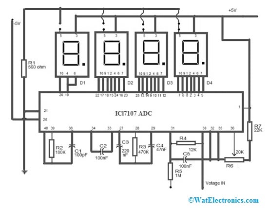 Digital Voltmeter Circuit Diagram with ICl7107 ADC