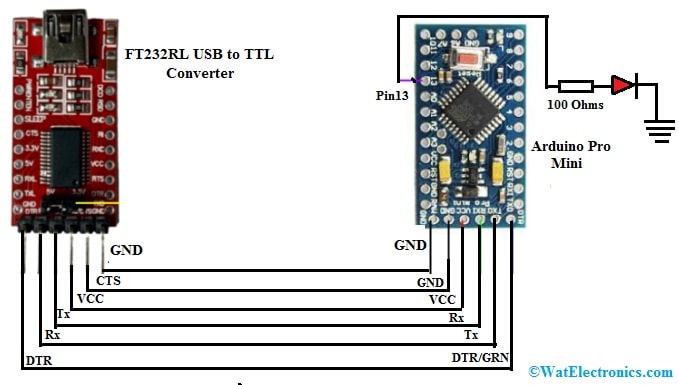 FT232RL USB to TTL Converter Interfacing with Arduino Pro Mini