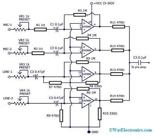 Multi-Channel based Audio Mixer Circuit with LM3900 IC