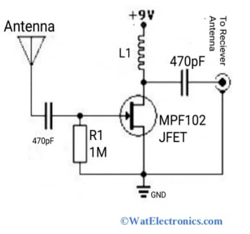 Simple Active Antenna Amplifier Circuit Using MPF102 JFET