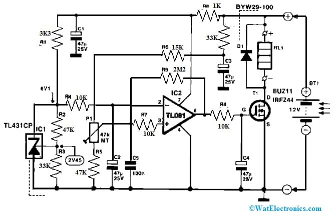 Solar Panel Battery Regulator Circuit with TL081 Op Amp
