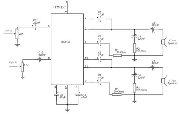 Stereo Amplifier Circuit with BA5406 IC