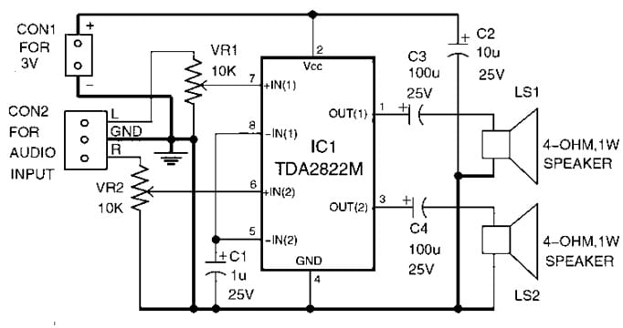 Stereo Amplifier Circuit with TDA2822 IC