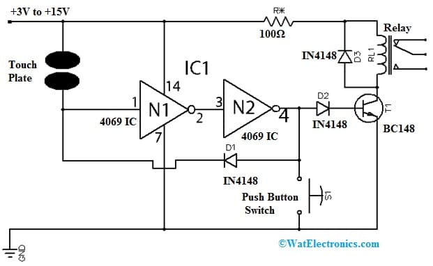 Touch Switch Circuit with 4069 IC