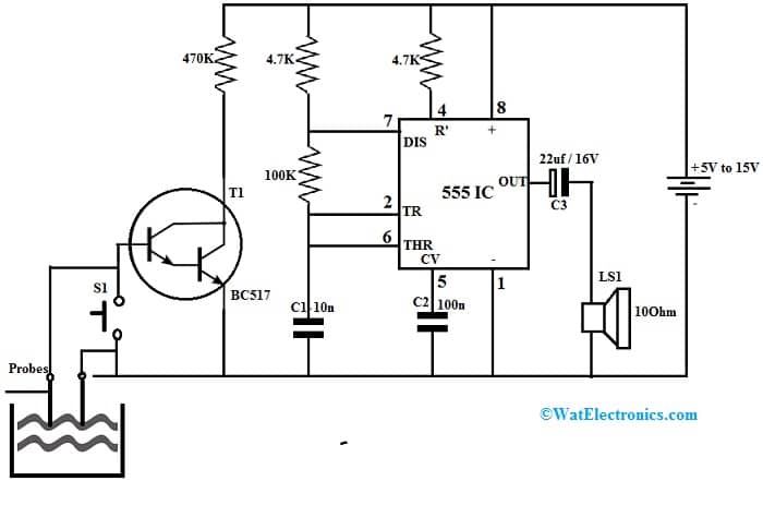 Water Leakage Detection Circuit using BC517 Transistor
