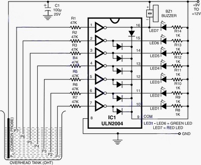 Water Level Indicator & Alarm Circuit Diagram